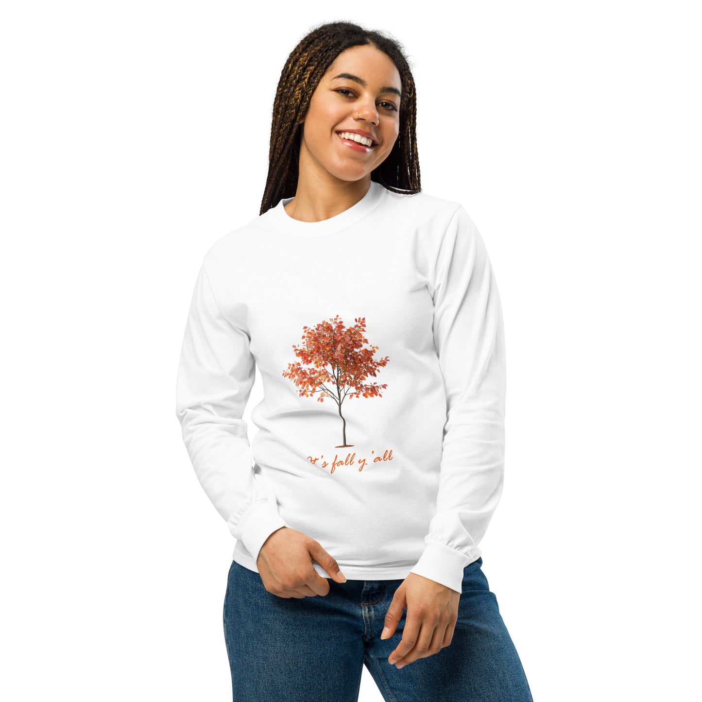 White long-sleeve shirt with a tree graphic and"It's fall, y'all"