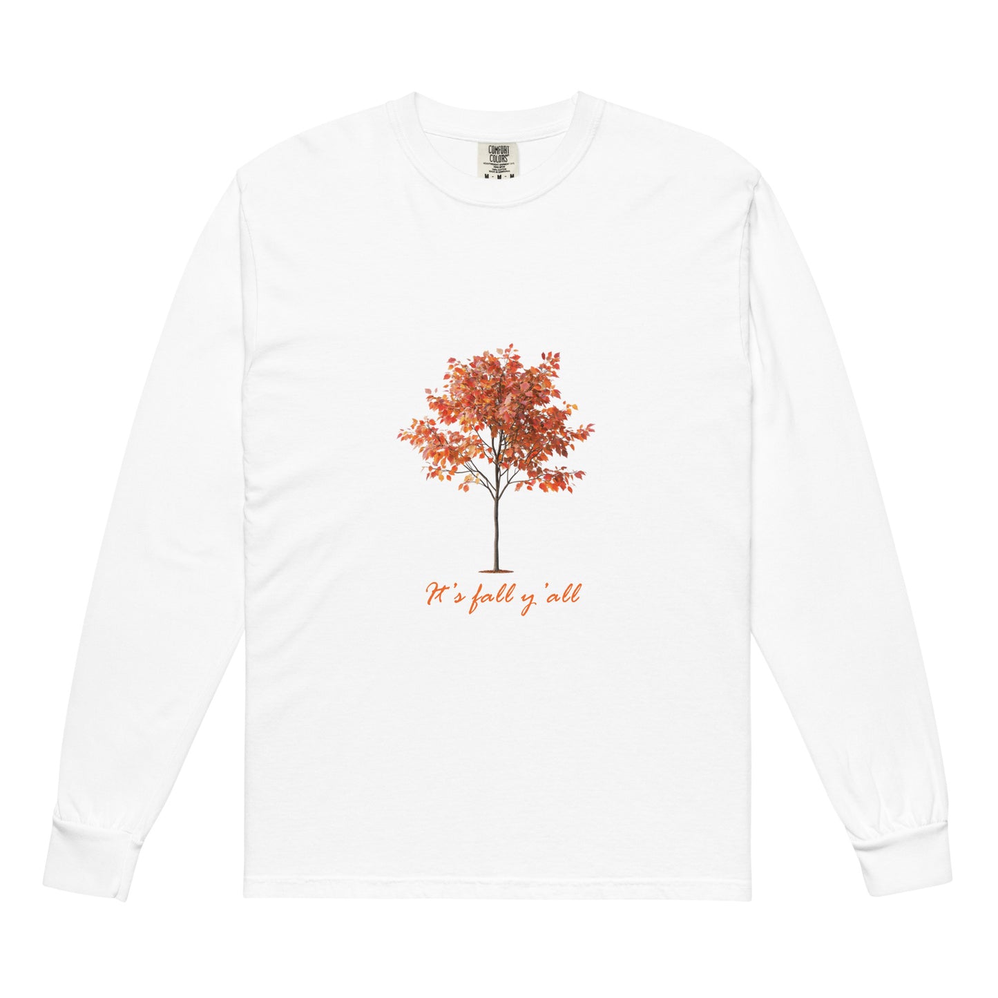 White long-sleeve shirt with a tree graphic and"It's fall, y'all"