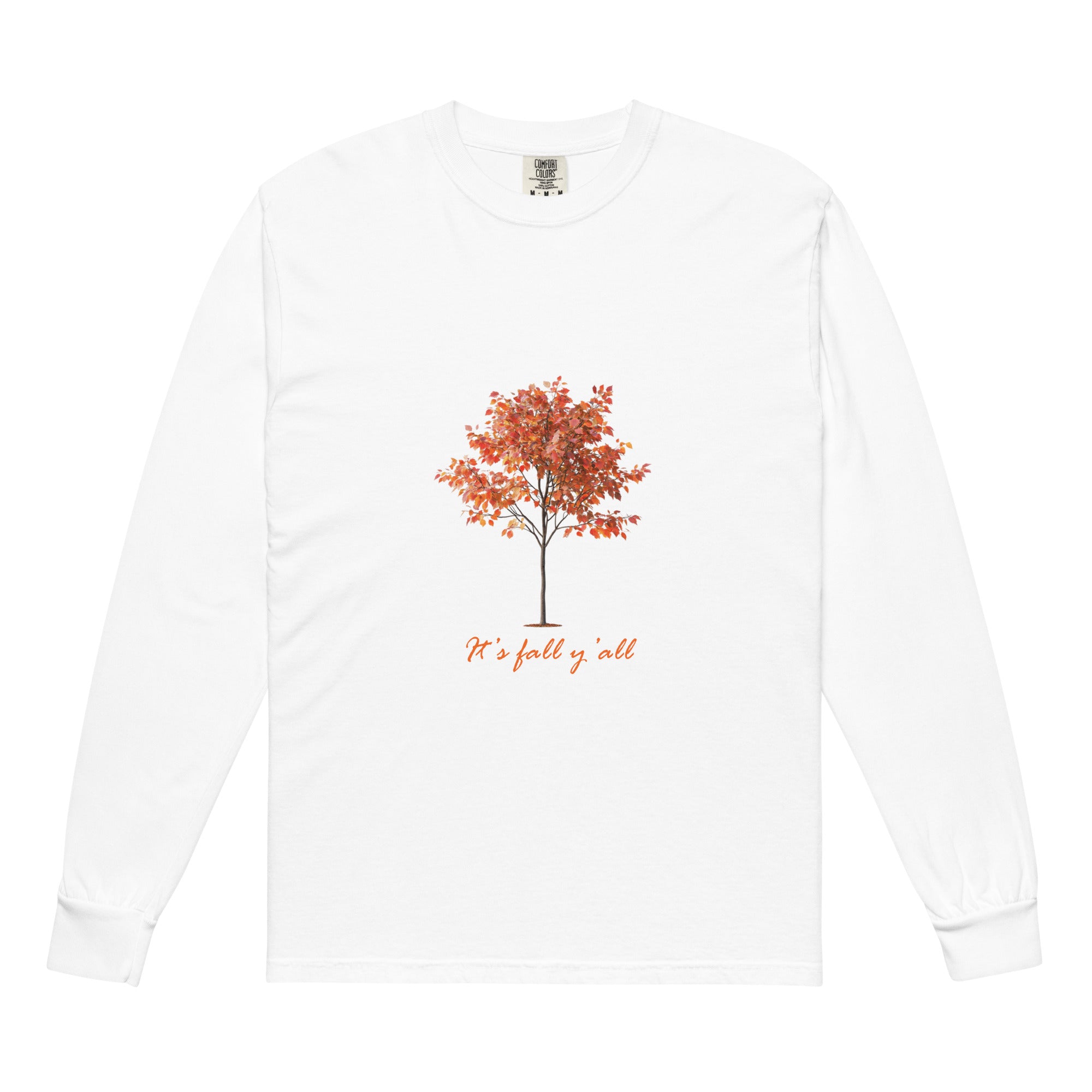White long-sleeve shirt with a tree graphic and"It's fall, y'all"