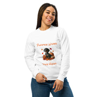 White long sleeve t-shirt with a dachshund surrounded by autum leaves and pumpins, "Pumpkin Wishes Doxie Kisses"