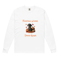 White long sleeve t-shirt with a dachshund surrounded by autum leaves and pumpins, "Pumpkin Wishes Doxie Kisses"