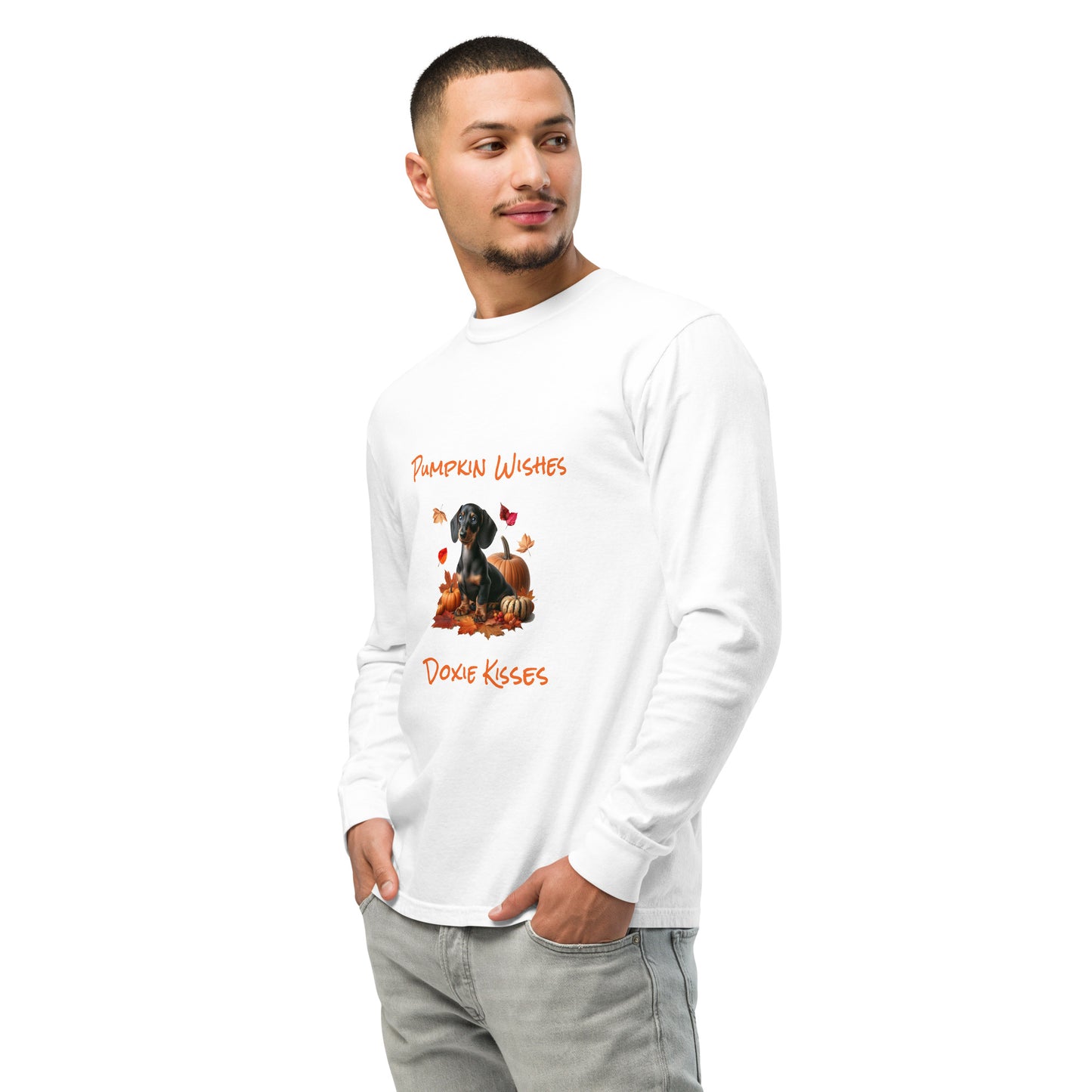 White long sleeve t-shirt with a dachshund surrounded by autum leaves and pumpins, "Pumpkin Wishes Doxie Kisses"