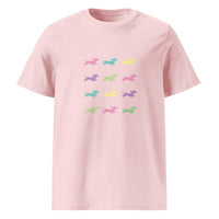 Pink unisex organic cotton t-shirt with Dachshunds in assorted colors - Sizes S-5xl