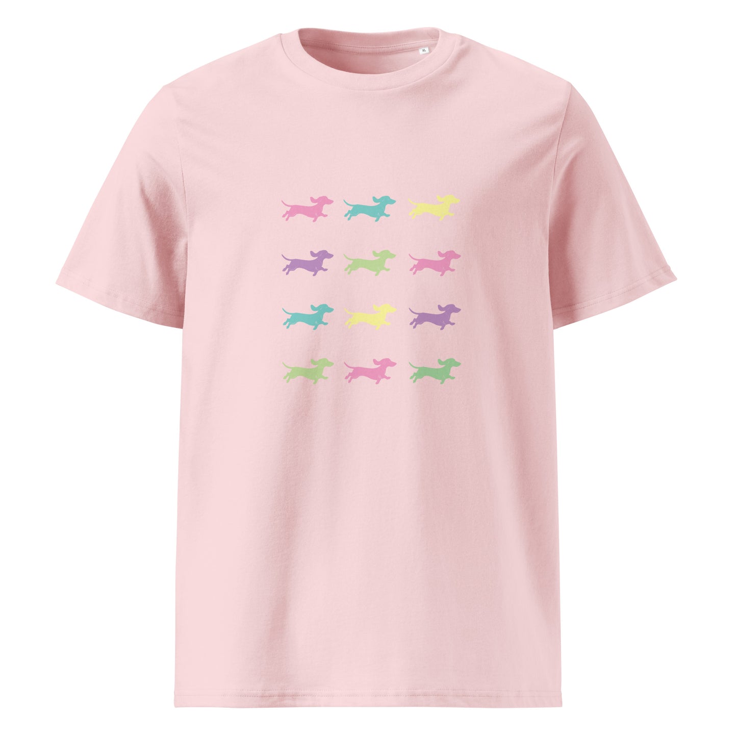 Pink unisex organic cotton t-shirt with Dachshunds in assorted colors - Sizes S-5xl