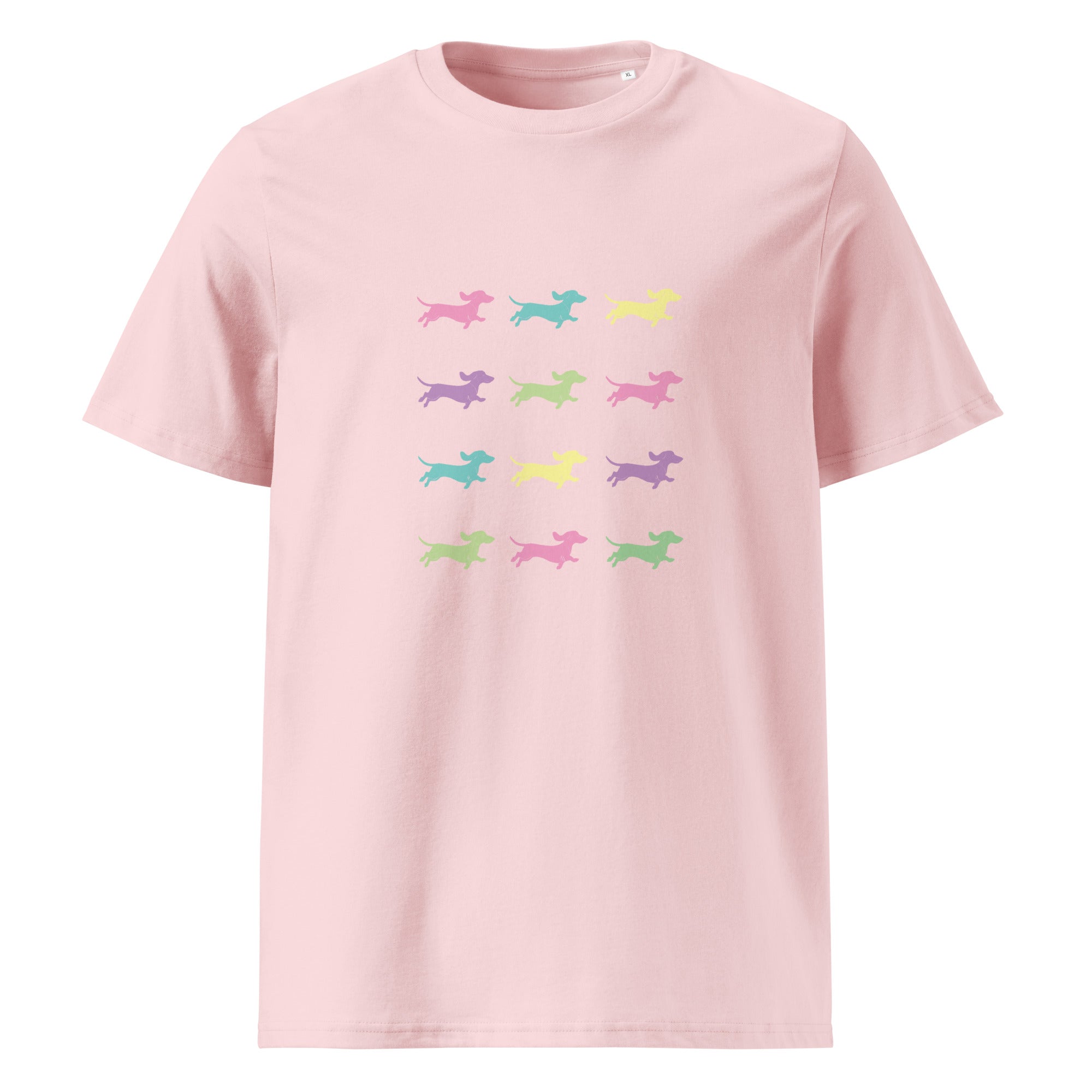 Pink unisex organic cotton t-shirt with Dachshunds in assorted colors - Sizes S-5xl