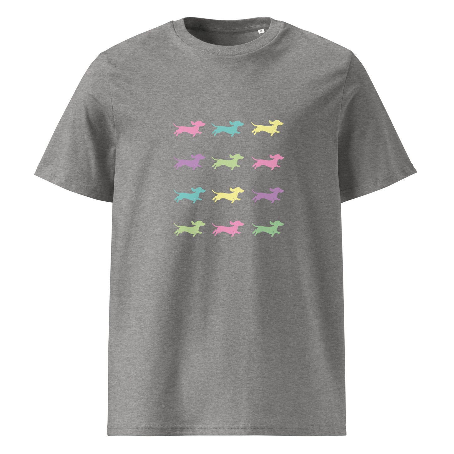 Athletic gray unisex organic cotton t-shirt with Dachshunds in assorted colors - Sizes S-5xl