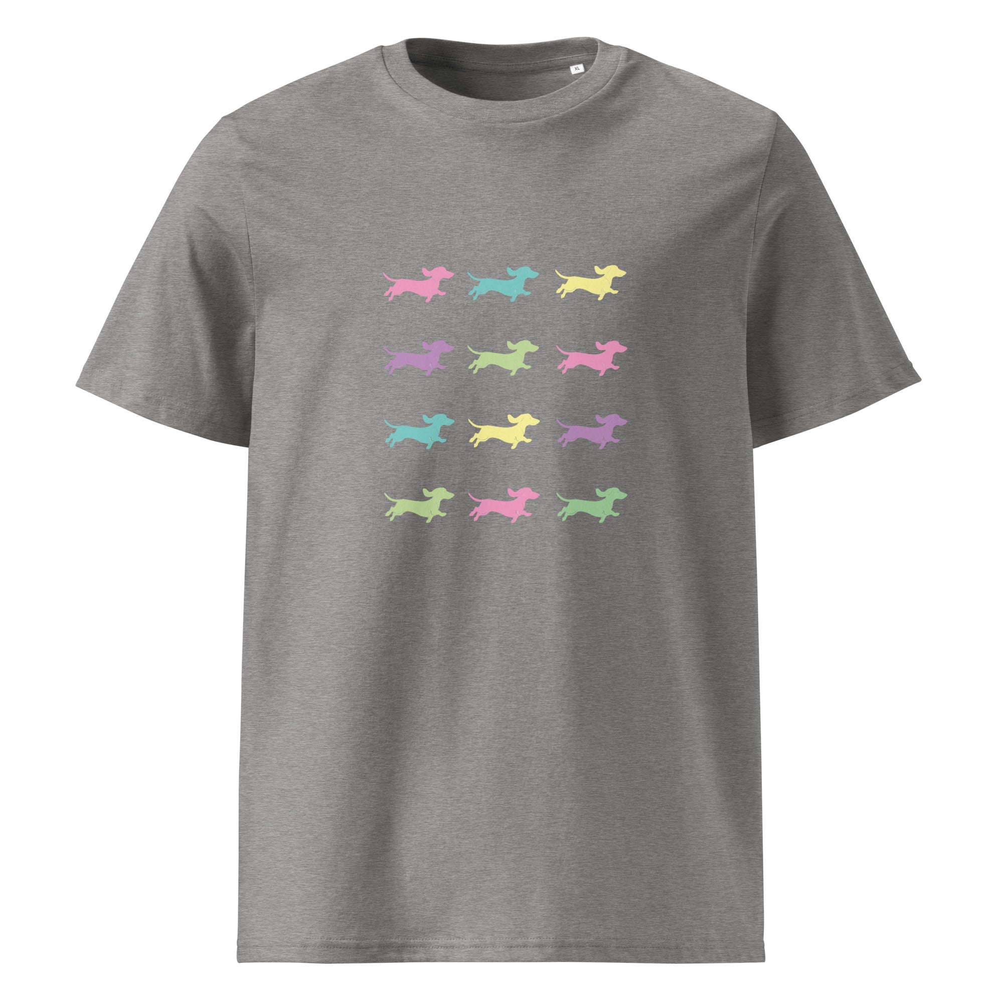 Athletic gray unisex organic cotton t-shirt with Dachshunds in assorted colors - Sizes S-5xl