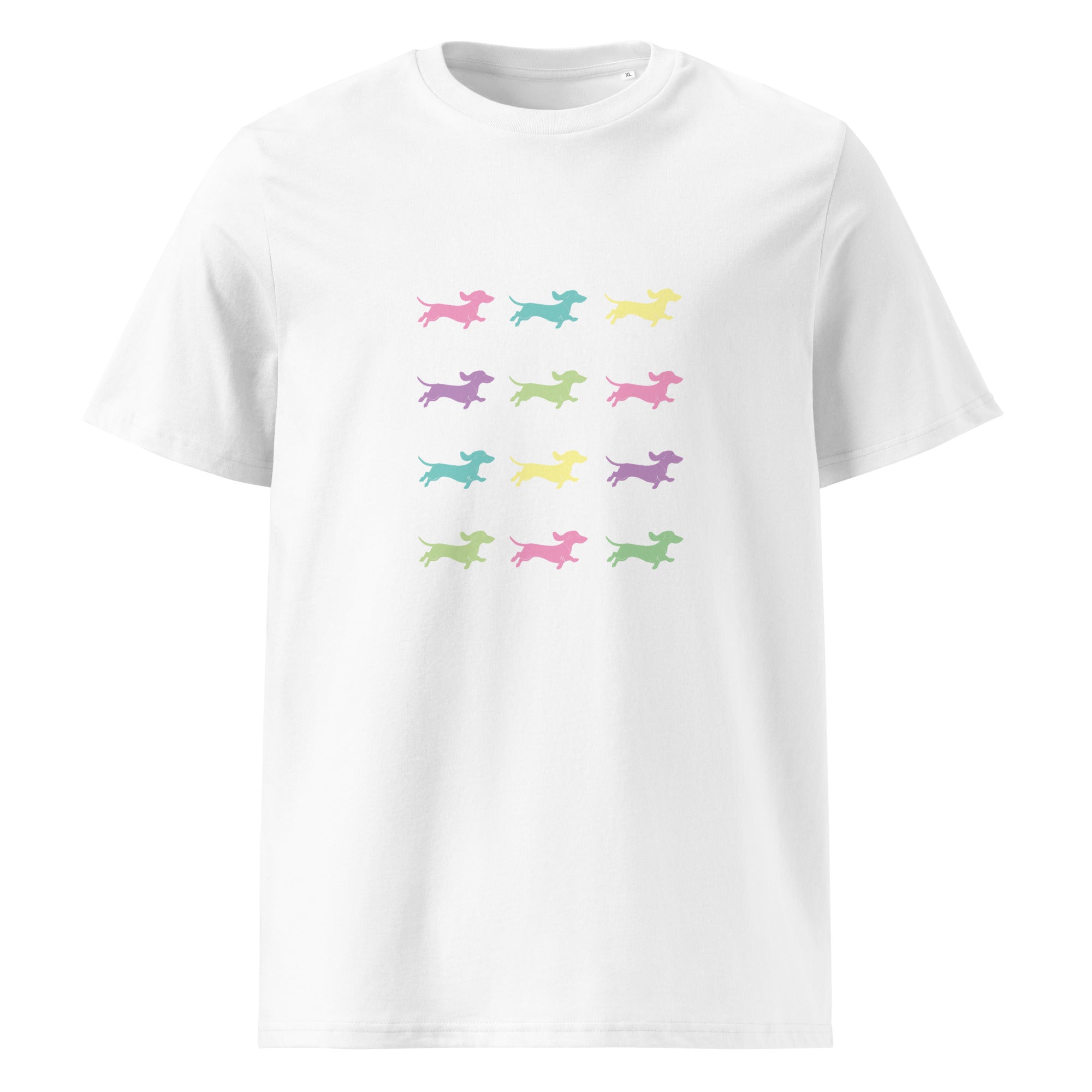 white unisex organic cotton t-shirt with Dachshunds in assorted colors - Sizes S-5xl